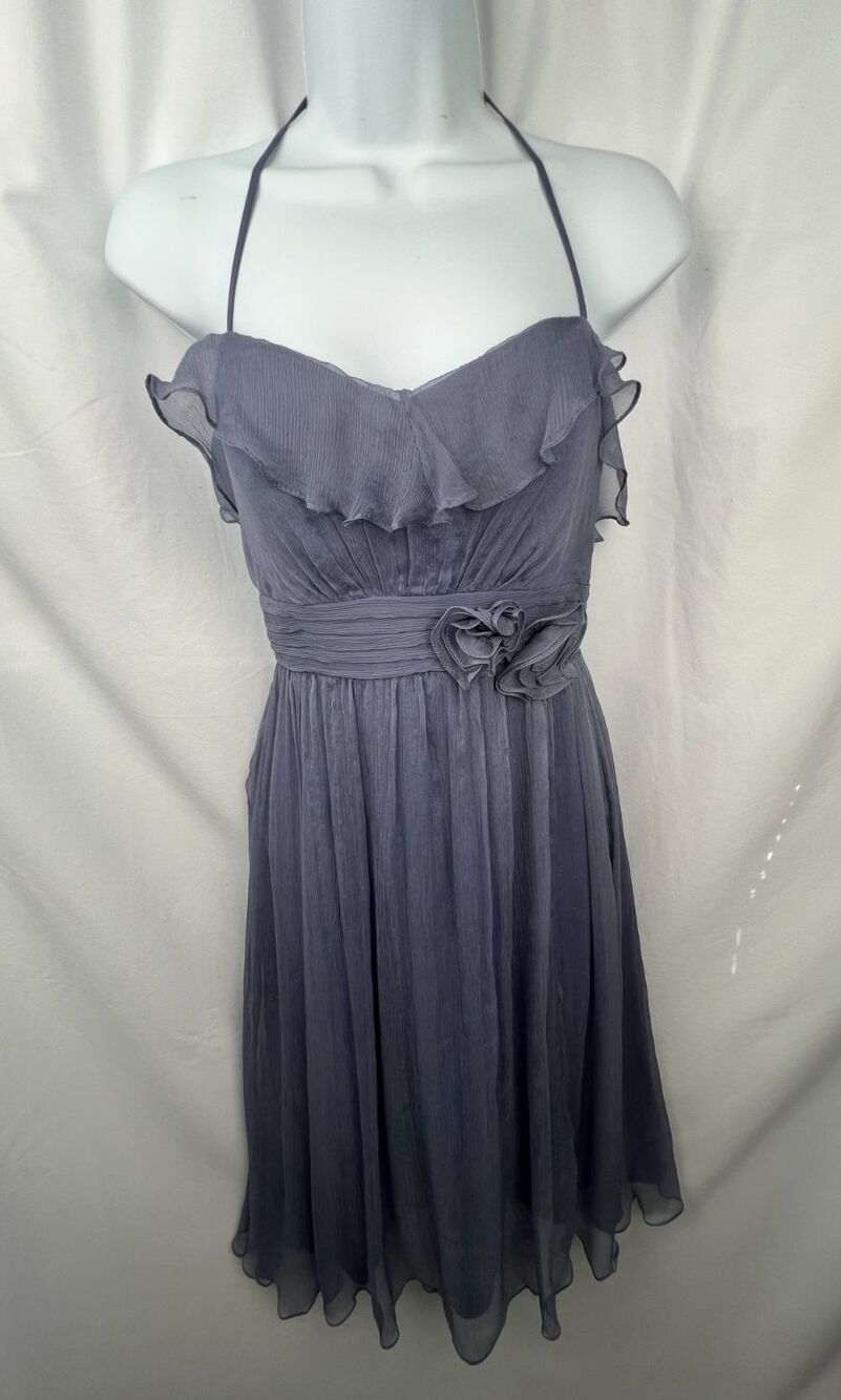 Amsale Dress Womens 4 Purple Silk Halter Ruffle Rosette Bridesmaid Cocktail READ